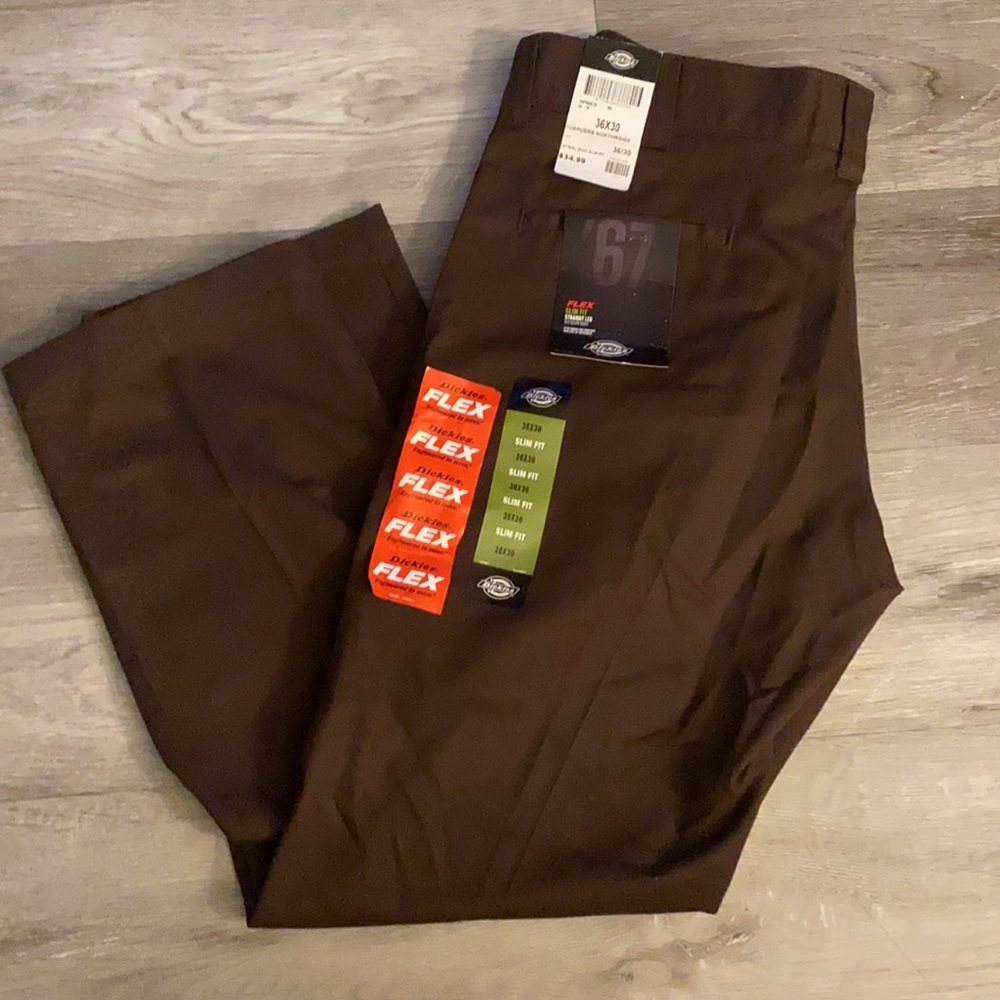 Brown dickies flex slim fit straight leg pants